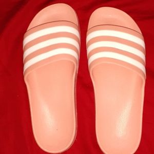 Coral pink Adidas slides